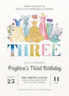 the three princesses birthday party is in white with blue, yellow and pink colors