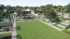 an artist's rendering of a park with benches and trees in the foreground