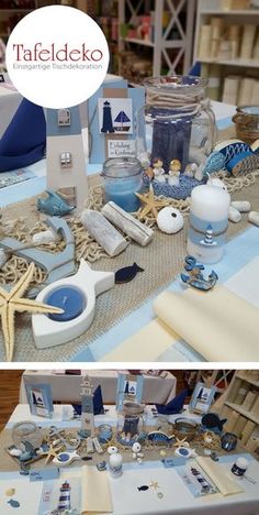 the table is covered with blue and white items, including seashells and starfish