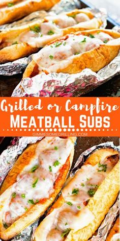 grilled or campfire meatball subs on tin foil with text overlay