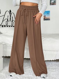 Brown  Collar  Knitted Fabric Plain Straight Leg Embellished Slight Stretch  Women Plus Clothing Plus Size Sweatpants, Fall Pants, Women Crew Socks, Casual Sweatpants, Pants Brown, Casual Wide Leg Pants, Women Legs, Casual Stripes, Womens Dress Pants