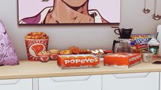 an image of some food on a counter in front of a painting and coffee mugs