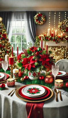 a christmas table setting with poinsettis, candles and other festive decorations