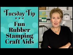 a woman standing in front of a blue sign with the words fun rubber stamping craft aids