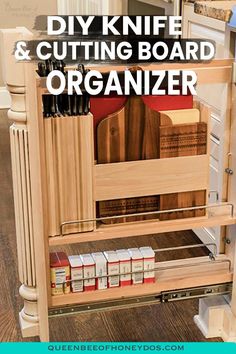 a kitchen cabinet with the words diy knife and cutting board organizer