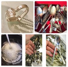 silverware and spoons are arranged in four different pictures, including one being sprinkled with sugar