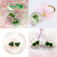 four different pictures with hearts and flowers in them, one has green pom - poms on it