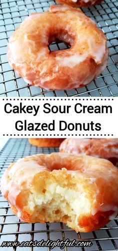 two glazed donuts on a cooling rack with the words, cakey sour cream glazed donuts