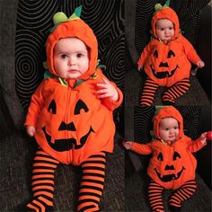 two babys dressed in halloween costumes sitting on a couch with their faces turned to look like jack - o'- lanterns