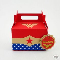 a red, white and blue box with a wonder woman tag