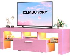 a pink tv stand with the words cliku - fiory on it's side