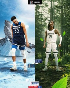 two basketball players wearing different uniforms in the same photo, one with green leaves on his feet