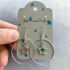 A Beautiful Set Of Earrings With Stars Dangling In The Middle. Perfect To Match With Almost Any Outfit! Handmade By Me, Setrosestudios Pig Earrings, Red Earrings Stud, Red Studs, Cat Earrings Studs, Beaded Tassel Earrings, Open Hoop Earrings, Circle Earrings Studs, Statement Drop Earrings, Circle Diamond