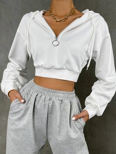 White Casual  Long Sleeve Polyester Plain Half Placket Embellished Non-Stretch Spring Women Sweatshirts Teenage Fashion, Crop Hoodie, Grey Sweatpants, Hoodie Outfit, Inspired Outfits, Really Cute Outfits, Teenage Fashion Outfits, Teen Fashion Outfits, Outfits Casuales