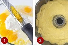 two pictures showing how to make an egg cake