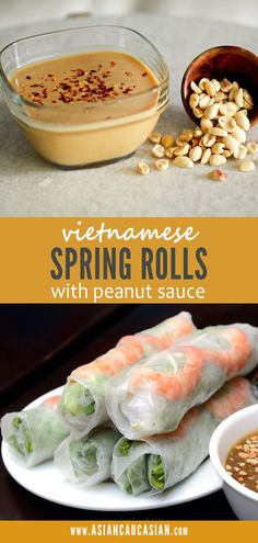 vietnamese spring rolls with peanut sauce on the side and in a bowl next to it