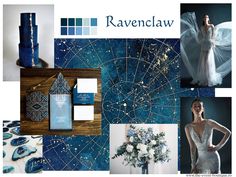 a blue and white wedding theme is featured in this image with the words ravenclaw on it