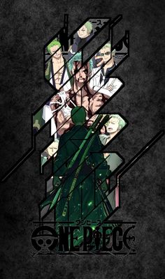 an anime poster with the characters in green and black on it's back ground