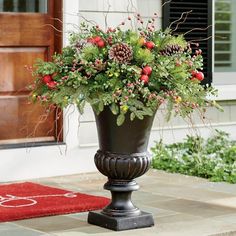 a black vase filled with flowers sitting on top of a red rug next to a door