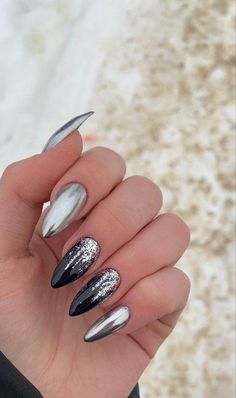 30 Chic Chrome Nail Designs For The Ultimate Glam Look - 214 Nail Gray Design, Chrome Nails With Accent Nail, Silver Chrome Halloween Nails, Metallic Grey Nails, Grey And Chrome Nails, Silver Grey Nails, Spooky Chrome Nails, Black And Metallic Nails, Grey Nails With Design