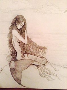 a drawing of a mermaid with long hair sitting on the beach and looking down at the water