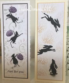 two cards with silhouettes of cats and mice on them, one is for you