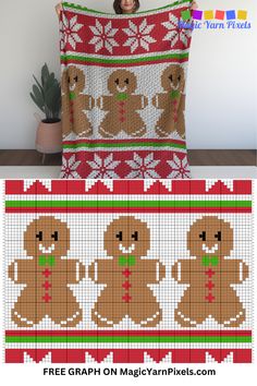 a woman holding up a christmas sweater with gingerbreads on it