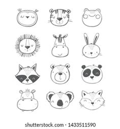 a set of hand drawn zoo animals in black and white, on a white background