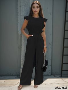 Olivia Mark - Stylish Jumpsuit with Ruffle Detail and Waist Tie - Casual Pantsuit Womens Jumpsuits Casual, Leather Jumpsuit, Stylish Jumpsuit, Casual Rompers, Casual Jumpsuit, Wide Leg Jumpsuit, Tie Belt, Belted Dress, Wearing Black