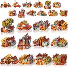 a bunch of pumpkins, sunflowers and other autumn decorations are arranged in rows