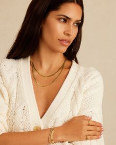 The beautiful Venice Necklace is the perfect chain to take your look from day to night. The timeless herringbone design features a smooth, sleek texture and adds subtle sophistication to any layer. Venice Necklace in 18k Gold, Women's Size 17 in. by gorjana Elegant Gold Herringbone Necklace With Curb Chain, Elegant Everyday Herringbone Gold Necklace, Elegant Everyday Herringbone Necklace With Gold Chain, Minimalist Herringbone Necklace With Figaro Chain As Gift, Classic Yellow Gold Snake Chain Necklace For Everyday, Elegant Double Chain Snake Necklace Gift, Elegant Yellow Gold Herringbone Necklace For Everyday, Minimalist Double Chain Herringbone Necklace For Everyday, Delicate Chain Herringbone Necklace For Layering