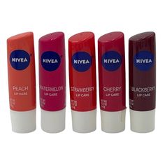 5 pc Nivea Lip Care Set Peach Watermelon Strawberry Cherry Blackberry Tinted ***This listing is for the EXACT version shown in photos*** Product Features Sold as New, 5 Piece Set Full Size, 0.17 ounces (4.8 g)  Peach: peach tint, peach Extract, fruity scent of summer peaches   Watermelon: pink tint, watermelon extract, fruity scent of refreshing watermelon Strawberry: pink tint, strawberry extract, fruity scent of fresh strawberries   Cherry: red tint, cherry extract, fruity scent of sweet cherries Blackberry: plum tint, blackberry extract, mild scent of fruity ripe blackberries   Discontinued Version/Formula Factory Sealed Why Purchase From Us? Products are 100% authentic, sourced direct from manufactures &/or certified distributors from major retail chains We ship within 24 hours (usuall Cherry Extract, Peach Extract, Strawberry Extract, Watermelon Strawberry, Peach Lips, Beautiful Skin Care, Cherry Lips, Strawberry Pink, Fresh Strawberries