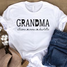 a white shirt with the words grandma written in black on it next to jeans and shoes