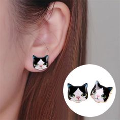 Cute Stud Cat Earrings. Cat Earrings Studs, Animal Earrings, Party Earrings, Women Party, Cat Earrings, Black Bow, Animal Jewelry, Bull Terrier, White Cat