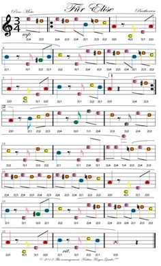 sheet music with notes and numbers for the guitar tabula, which are arranged in different colors