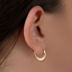 Solid 14kt Gold Hoop Earrings - 14 karats gold hoop earrings in an Indian natural style. This pair of beautiful moon-shaped earrings have an ethnic quality and are very delicate and comfortable to wear. They go well with any outfit and can be worn whenever you go to. Material: ♦ Solid 14k nickel-free gold ♦ Latch back closure Sizing: ♦ 10 mm inner diameter ♦ 4.3 mm long (from the bottom of the ear to the bottom of the earring) Features: ♦ Comes in gift-ready beautiful packaging. ♦ Made to order Yellow Gold Semi-circle Earrings For Gift, Yellow Gold Semi-circle Earrings As Gift, Yellow Gold Crescent Earrings Tarnish Resistant, Tarnish-resistant Crescent Yellow Gold Earrings, Elegant Hypoallergenic Crescent Earrings, Yellow Gold Crescent Hoop Earrings, Earrings Small Hoops, Real Gold Earrings, Earrings Moon