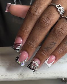 🖤🤍✨ - if you’re seeing this dm @nails.bydaya_ to book an appt 🤍 - - - - - - - - - - - - #whitefrenchies #whitefrench #ducknails #duckies #whiteduckies #blingedoutnails #blingnails #mediumnails #rhinestonenails #nailsofinstagram #fyp #gelxnails #gelxnailtech #bptnailtech #ctnailtech #ctnails #bptnails #bridgeportnails #bridgeportct #bridgeportnailtech #bridgeportctnailtech #bridgeportctnails #beginner #notaprofessional #justforfun #nailart #naildesigns #nailinspo #nails.bydaya_ #nailsbydaya Braider Nails, Colored Acrylic, Short Square Acrylic Nails, Acrylic Nails Coffin Short, Pink Acrylic