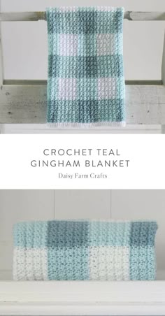 the crochet teal gingham blanket is sitting on a white bench