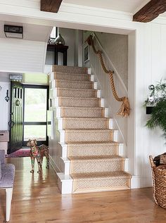 there is a dog that is walking up the stairs in this house with wood flooring