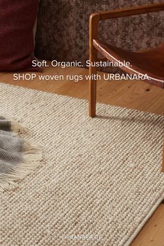 a chair and rug with the words soft organic suitable shop woven rugs with urbanara