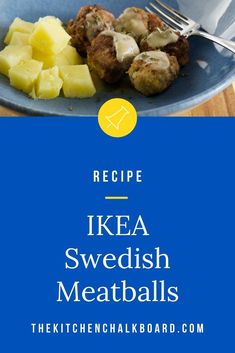 the recipe for ikea swedish meatballs is shown on a blue plate with a fork