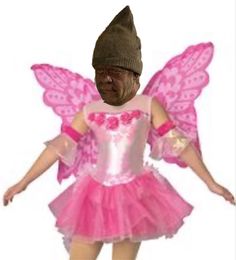 an old man dressed as a fairy with wings and a pink tutu is standing in front of a white background