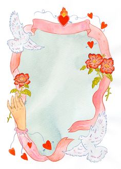 a watercolor drawing of two hands holding roses and doves with hearts around them