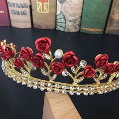 Belle Crystal Tiara our Tiaras will come with a sash to tie into a bow, bobby pins may be used for extra support. *warning: may contain small parts, adult supervision required while wearing. Red Rose Crown, Red Tiara, Bridal Ornaments, Hair Accessories Crown, Crown Handmade, Crystal Crown Wedding, Rose Crown, Bride Tiara, Gold Tiara