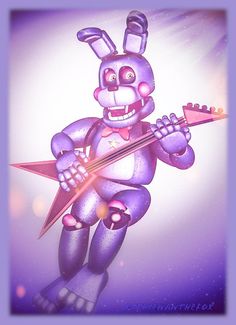 a cartoon bunny with a guitar in his hand and wearing a purple outfit, holding a pink star