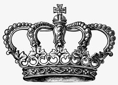 a black and white drawing of a crown with a cross on the top, vintage line art