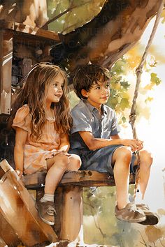 a painting of two children sitting on a bench