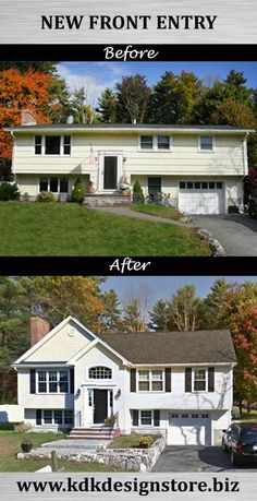 before and after photos of a new front entry to a house in the fall or winter