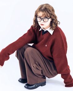 Red Brown Outfit, Red Glasses Outfit, Red And Brown Outfit, Sweater Reference, Sweater Drawing, Brown Pants Outfit, Her Drawing, School Homework, Ugly Christmas Sweaters