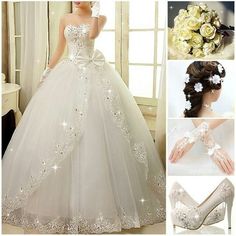 a collage of photos showing different styles of wedding dresses and accessories for the bride